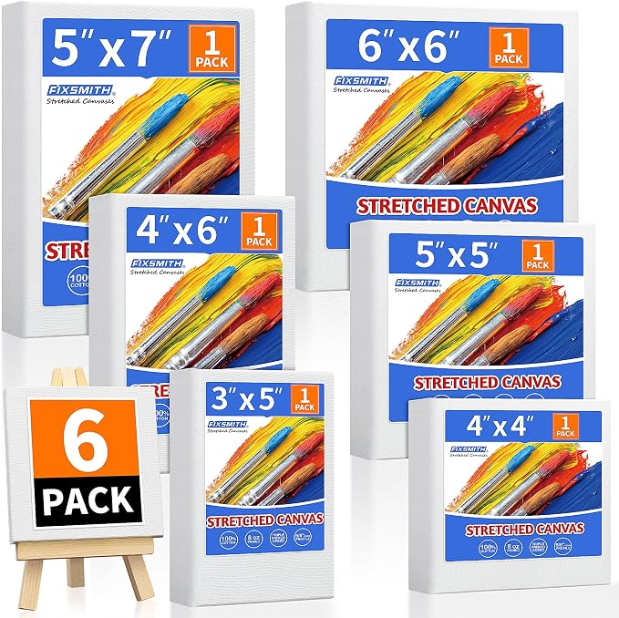 FIXSMITH Stretched Canvas for Painting, 3"x5", 4"x4", 4"x6", 5"x5", 5"x7", 6"x6", Pack of 6, Pre-Primed Canvases Wood Framed, Blank White Canvas Boards for Acrylic, Oil and Gouache Painting