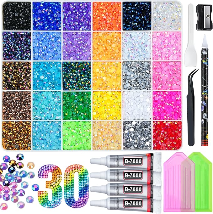40000 Pcs Resin Jelly Rhinestones Kit, 30 Colors 4mm Flatback Rhinestones with 4 Pcs B7000 Jewelry Glue & Tools, All-in-One Bedazzling Kit for DIY Arts & Crafts Gifts