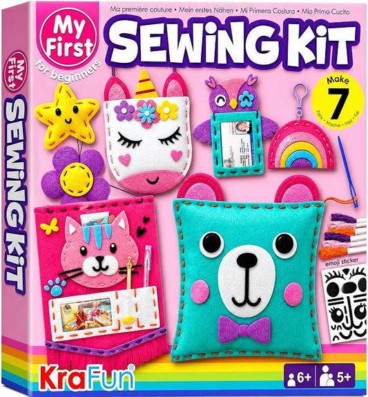 KRAFUN My First Sewing Kit for Kids Ages 6-12 | 7 Animal Dolls | 7 stuffed animal & plush pillow projects. Pre-punched felt & instructions included. Gift for girls & boys