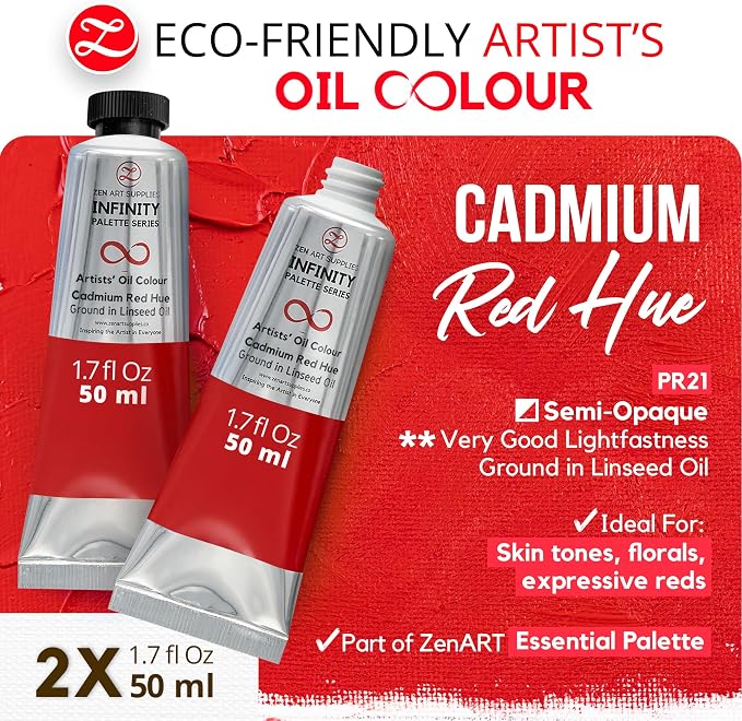 ZenART Professional Oil Paint Set - Artist Grade Cadmium Red Hue - 2x50ml | Non-Toxic, Buttery Consistency, Rich Pigment, Lightfast Oil Paints for Primed Surface Canvas, Fine Art, Portraits & Landscape