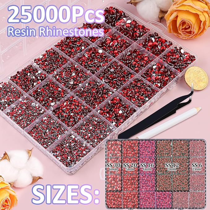 25000Pcs Resin Rhinestones for Crafting, Red 2-6mm Mixed Sizes Non Hotfix Flatback Gems with 1Pcs Glue, Bedazzling Crystal for DIY Craft Clothing Mugs Tumblers Shoes Fabric Decor Nail Art