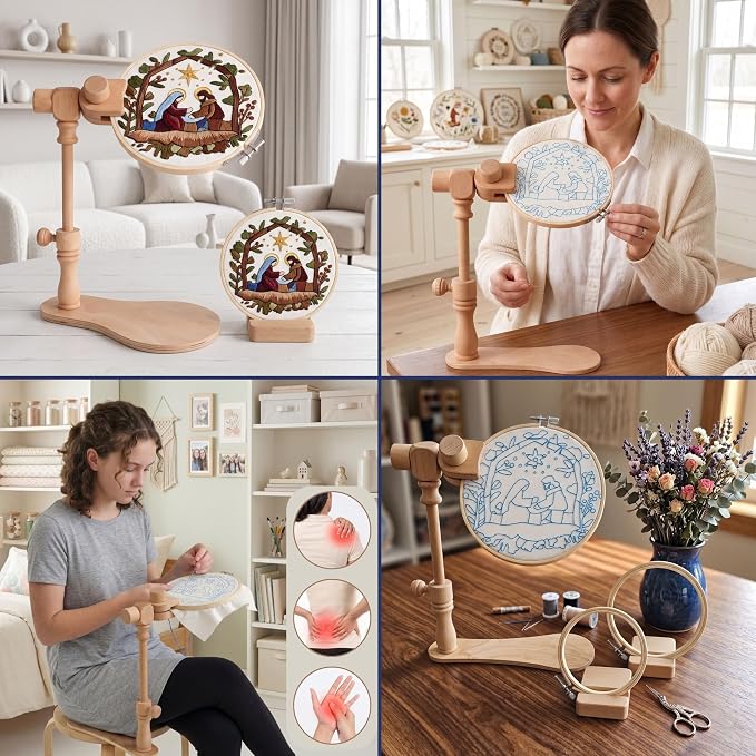 Embroidery Hoop Stand - 360 Degree Adjustable Sitting Embroidery Stand with Needle Tube- Versatile Cross Stitch Frame with Display Bases and Large-Eye Stainless Steel Needles