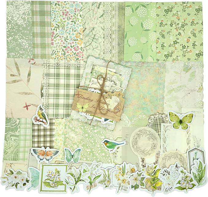 OKUPAN Vintage Floral Scrapbook Supplies Kit with Scrapbook Paper & Journaling Stickers (100pcs) - (Green) Junk Journal Supplies for Bullet Journaling, Retro Crafts, Planner, Mixed Media, Card Making