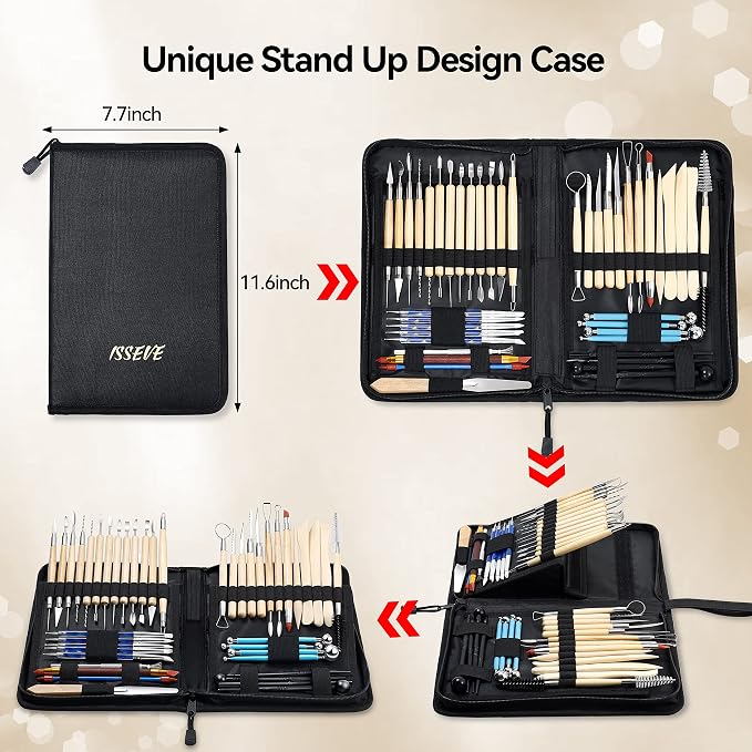 ISSEVE 43Pcs Pottery Clay Sculpting Tools Set with Stand-Up Organizer Bag