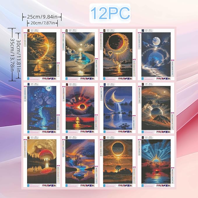 12 Pack Sunset Diamond Art Kits for Adults,5D Diamond Painting Sets | Landscape DIY Full Drill Round Gem Painting for Adult Beginners Diamond Art,Home Wall Decor 9.8x13.8 Inch