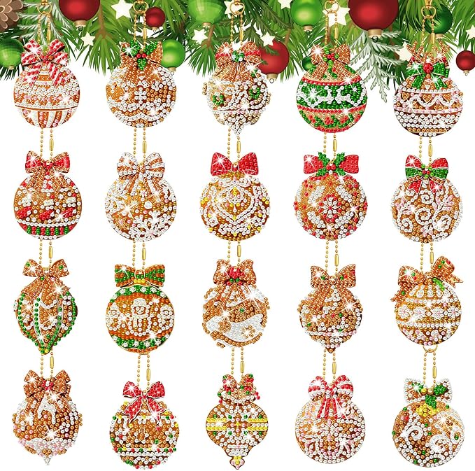 Tondiamo 20 Pcs Christmas Gingerbread Ball Diamond Painting Keychains Kit, Xmas Bauble Ornaments DIY Diamond Art Key Pendant Set for Xmas Tree Decor Party Favors Gift
