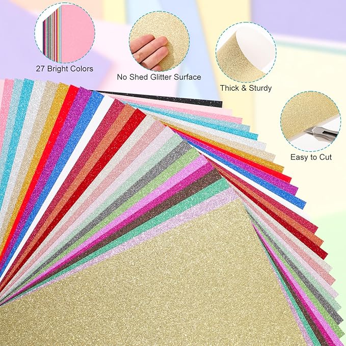 54 Sheets Glitter Cardstock Paper 8.5 x 11, 27 Colors, 230Gsm