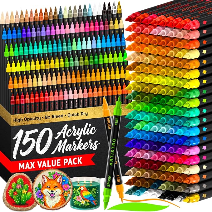 ARTISTRO 150 Acrylic Dual-Tip Glass Marker Pens for Wine Glasses | Brush + Fine Tips Vibrant Dual Tip Paint Pens for Party Charms, DIY, Craft - Art and Craft Supplies for Adults, Teens, Kids