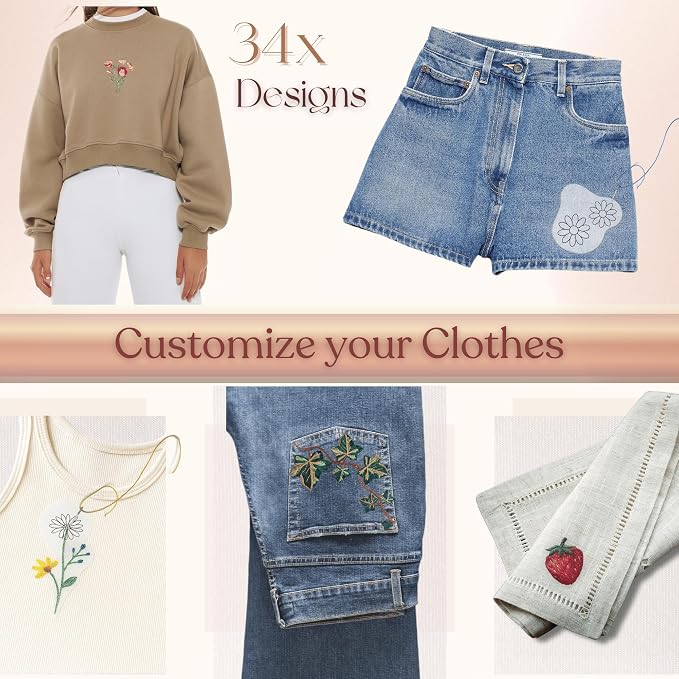 Easy Clothing Embroidery Kit - 34 Water Soluble Stick & Stitch Designs - Embroidery Kit for Clothes Starter Pack, Beginners All Inclusive Kit for Clothing Embroidery