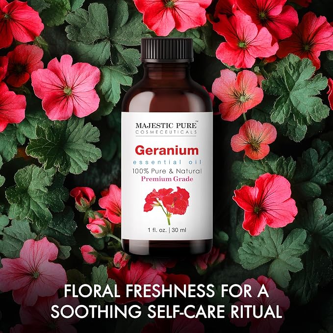 Majestic Pure Geranium Essential Oil for Diffuser - 1 Fl Oz | 100% Pure and Natural Essential Oils for Aromatherapy, Soap & Candle Making, Massage, Fragrance, DIY Beauty, Geranium Oil