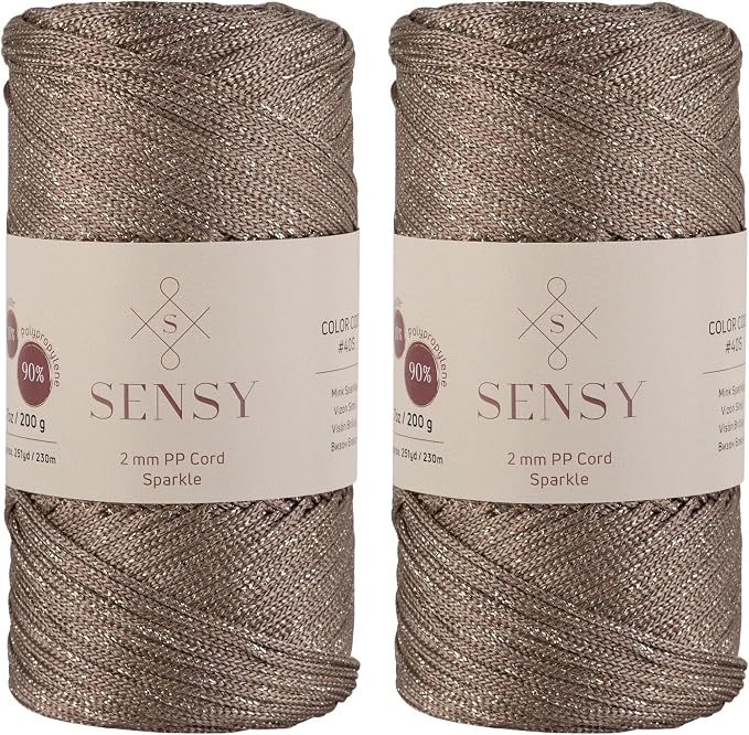 2 Pack of Sensy Premium 2mm 251 Yards Sparkle Polyester Rope 90% Polypropylene 10% Polyester Cord Macrame Cord 2mm Crochet Bag Cord Macrame Rope Crochet Thread Gift for Knitter (Mink Sparkle)
