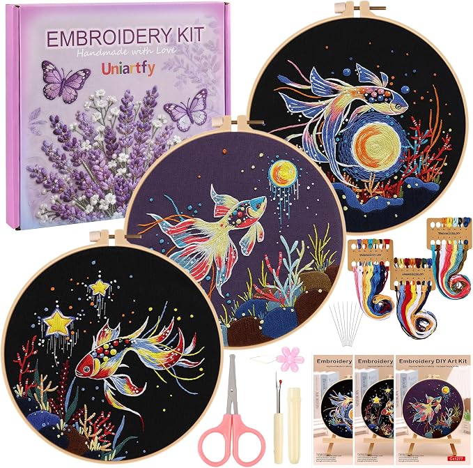 Uniartfy 3 Sets Hand Embroidery Starter Kits for Beginners Adults, Goldfish Stamped Cross Stitch Kit, DIY Needlepoint Kit with Cloth, Hoop,Threads and Instruction, Easy to Learn Embroidery Starter Kit