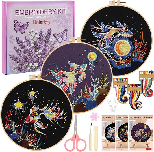 Uniartfy 3 Sets Hand Embroidery Starter Kits for Beginners Adults, Goldfish Stamped Cross Stitch Kit, DIY Needlepoint Kit with Cloth, Hoop,Threads and Instruction, Easy to Learn Embroidery Starter Kit