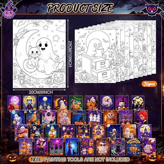 Harloon 36 Pcs Halloween Pre Drawn CanvasH,Cute Halloween
