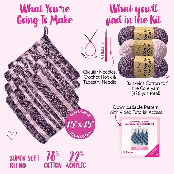 KnitPal Dishcloth Knitting Kit for Beginners (Plum Purple + Blush Pink)