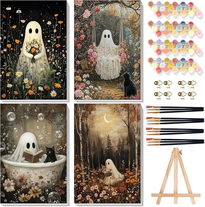 4 Pack Ghost Paint by Numbers for Adults with Framed Canvas - Wooden Easel | Halloween Paint by Number on Canvas, DIY Ghosts Acrylic Oil Painting Kits with Brushes for Home Wall Decor (8x12 inch)