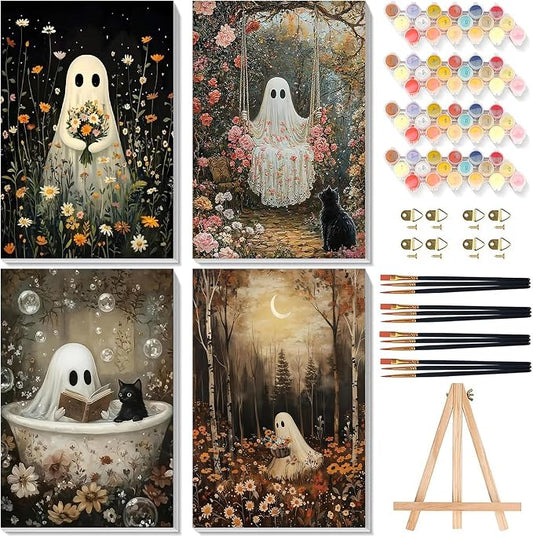 4 Pack Ghost Paint by Numbers for Adults with Framed Canvas - Wooden Easel | Halloween Paint by Number on Canvas, DIY Ghosts Acrylic Oil Painting Kits with Brushes for Home Wall Decor (8x12 inch)
