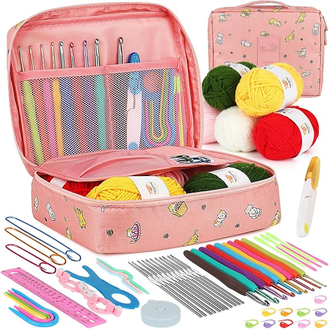 Aeelike Crochet Kit for Beginners- Ideal DIY Craft Gift for Women, Pink | Crochet Starter Kits with Yarn, Ergonomic Hooks & Storage Case, Learn-to-Crochet Set for Adults, Kids & Seniors