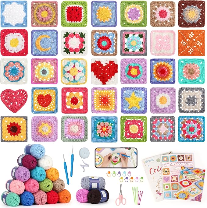 Katech Crochet Kit for Beginners, 50 Floral Granny Square Kits for Adults