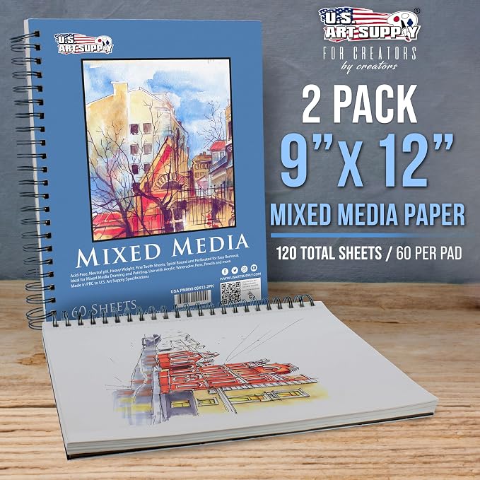 U.S. Art Supply 9"x12" Mixed Media Sketchbook, 2 Pack (60 Sheets) | 98 lb (160 gsm) - Spiral-Bound Pad with Perforated Acid-Free Paper - Artist Sketch Book For Drawing, Painting, Watercolor
