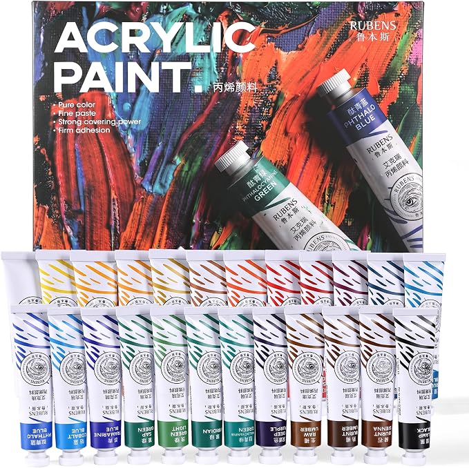rubens Artist Grade Heavy Body Acrylic Paint, 24 Colors Vivid Acrylic Paint Set (20ml, 0.68 oz Tubes), High Pigment Art Supplies for Canvas, Wood, Rock Crafts, Painting Supplies for Professionals, Beginners