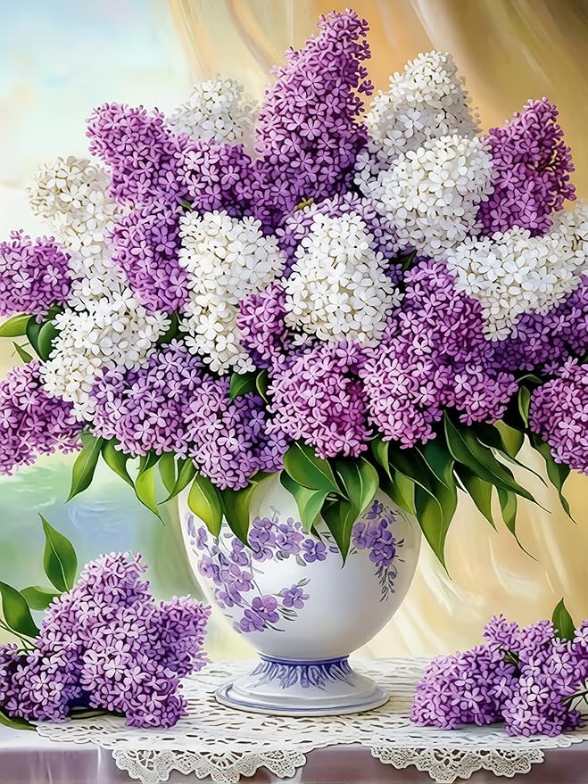 mrpwnle Diamond Art Kits for Adults, Flowers Diamond Painting Kits | 5D Lilac Flowers Diamond Art Painting Kits for Adults Beginners, DIY Full Round Drill Gem Art, Home Decor 15.7 X 11.8 Inch