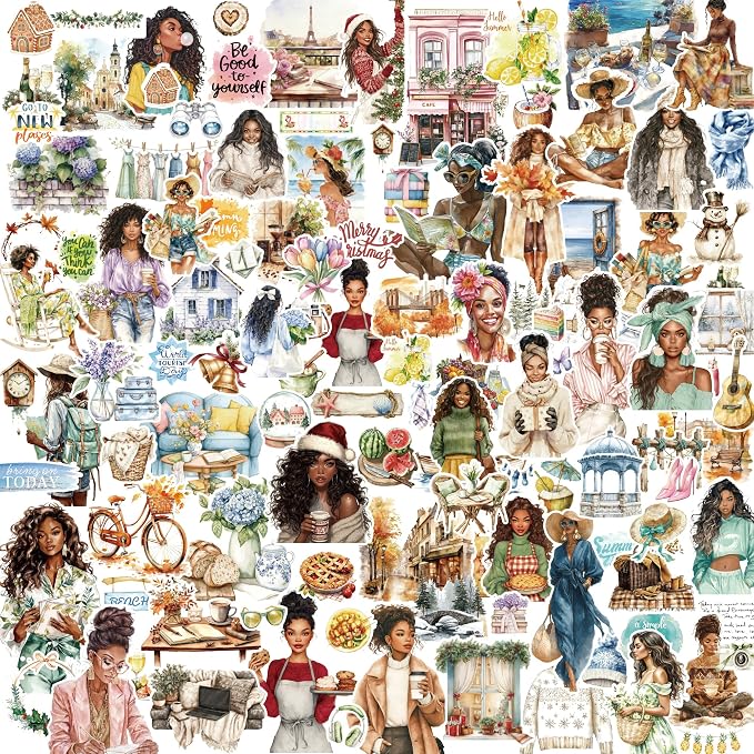 Black Girl Sticker Book of Four Seasons - 24 Pages Hand Drawn Waterproof Vinyl Stickers for Journals, Planners, Scrapbooking, Laptop & Water Bottles - Melanin Power Aesthetics Gift Ideas for Women