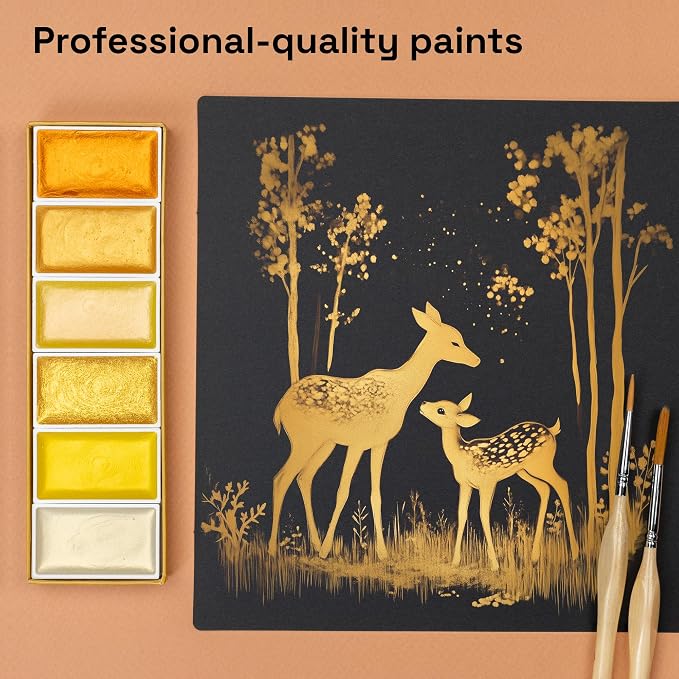ARTISTRO Professional Metallic Watercolor Paint Set for Adults - 6 Pigment-Rich Gold Colors, XL Pans, ASTM-I Lightfastness, High Tinting Strength Watercolor Set for Professionals made by professionals