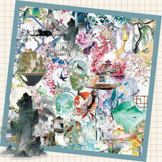 50PCS Ancient Chinese Style Stickers for Scrapbooking Journaling Junk Journal Scrapbook Supplies - Self-Adhesive Scrapbooking Stickers Supplies Journal Stuffers for Adult Card Making Letters DIY