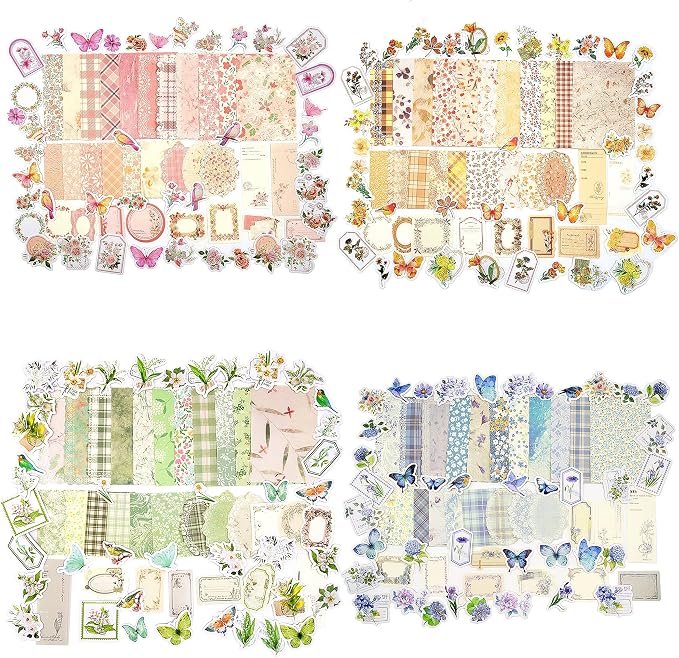 Vintage Floral Scrapbook Paper & Journaling Stickers, 400pcs | 4 Pack Assorted Set, Junk Journal Scrapbook Supplies for Bullet Journaling, Retro Crafts, Planner, Collage Card Album
