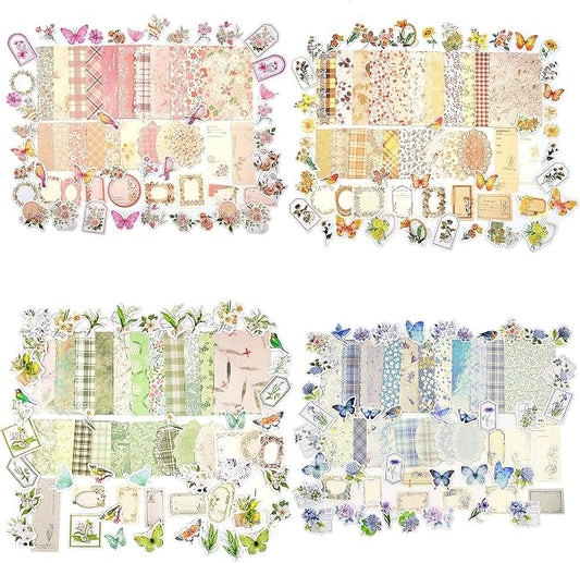 Vintage Floral Scrapbook Paper & Journaling Stickers, 400pcs | 4 Pack Assorted Set, Junk Journal Scrapbook Supplies for Bullet Journaling, Retro Crafts, Planner, Collage Card Album