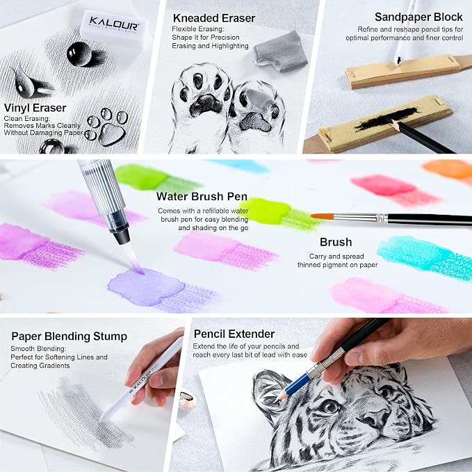 KALOUR 206 Drawing Set Sketching Kit,Art Supplies with 3-color Sketchbook & Coloring Paper,Include Tutorial, Colored, Graphite, Charcoal, Watercolor & Metallic Pencil,for Artists Adults Teens Beginner