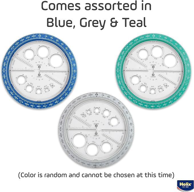 Helix Angle and Circle Maker with Integrated Circle Templates, 360 Degree, 6 Inch / 15cm, Assorted Colors (36002) | Integrated Templates - Geometry and Math Tool - Ideal School Supplies for Students - Precise Drafting and Drawing