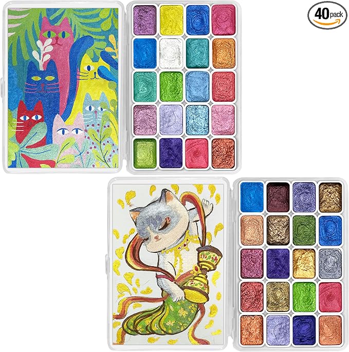 CraftyManor Mini Forestry Shifting Watercolor Painting Set - 40 Color Shifting Watercolor Paints, Shimmer Metallic & Glitter Watercolor Paints, Matisse & DunHuang Style