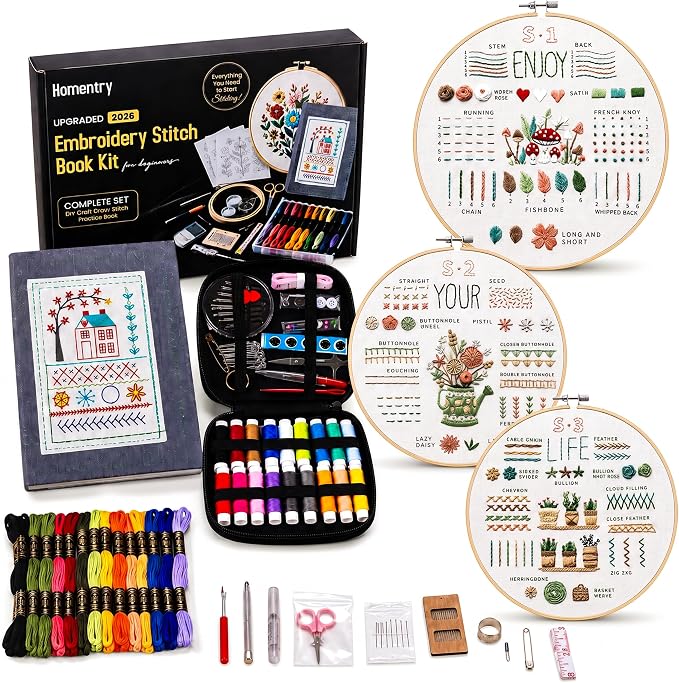 Embroidery Kit for Beginners | Video Tutorial, 3pcs Hoops, 106 Patterns, 65 Water Soluble Designs, 86PCS Sewing Supplies Set | Cross Stitch Book Kit | DIY Needlework Starter Craft Gift for Adults