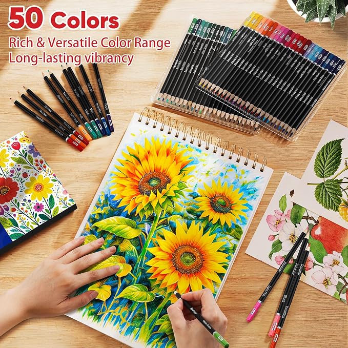 Soucolor 50 Colored Pencils -Colored Pencils Set for Adult Coloring Books | Break-Resistant Color Cores,Long-lasting vibrancy Colors,Smooth Writing,Easy Blending and Shading,Perfect for Coloring Books
