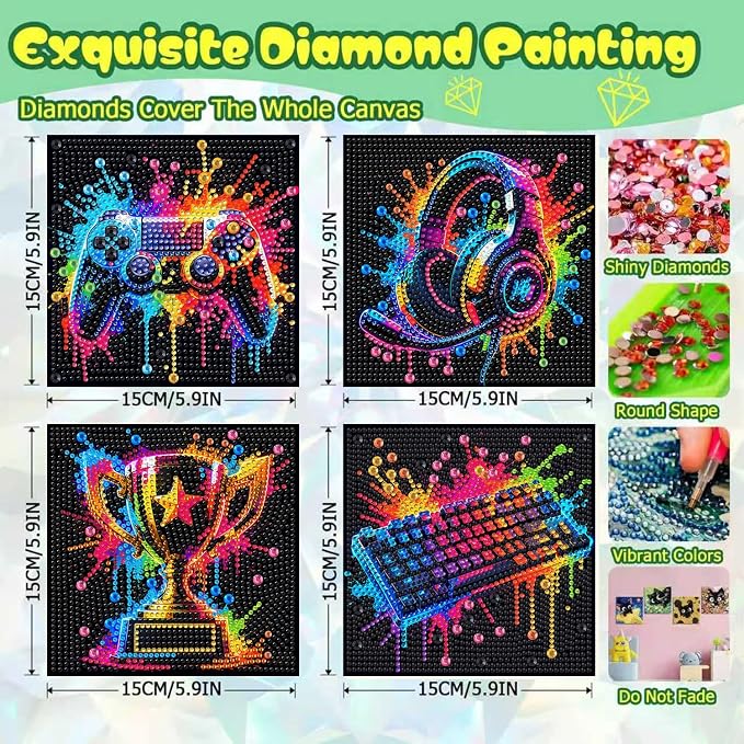 ICYANART 4 Pack Egame Diamond Art Painting Kits for Kids 6x6 Inch | Small Diamond Art for Kids Ages 8-12, Egame Gem Art Kits for Teen Boys, Arts and Crafts for Kids(no Frame)