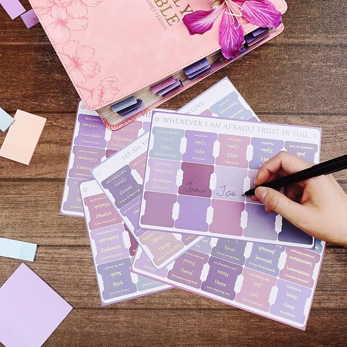 48 Pcs Bible Study Supplies for Women, Bible Journaling Kit Includes Bible Pencil Case, Tags, Pens, Highlighters, 4 Color Clear Sticky Notes, Notebook, 15 Clips, 4 Rolls of Washi Tape & More (Purple)