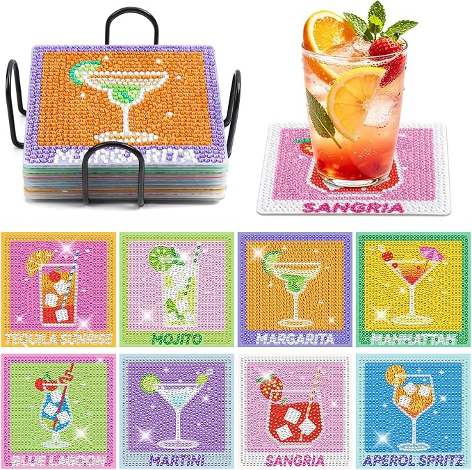 UPINS 8Pcs Cocktail Diamond Art Coasters,Summer Beach Diamond Art Coasters with Holder for Adults DIY Drink Bar Party Home Warming Gifts