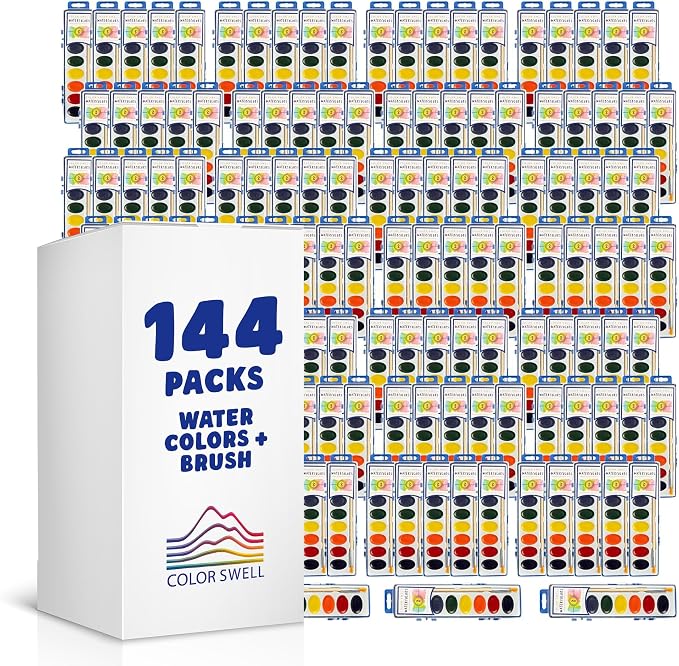 Color Swell 8 Color Bulk Watercolors with Wood Brushes, 144 Pack