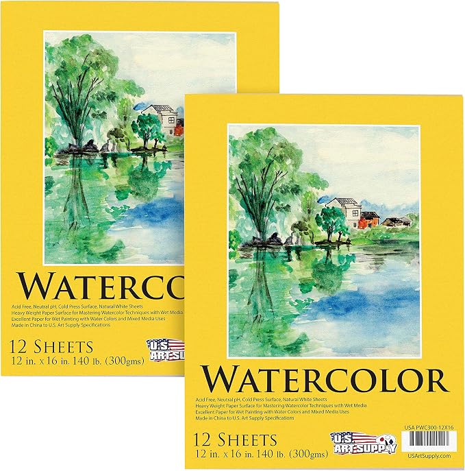 U.S. Art Supply 12" x 16" Premium Heavyweight Watercolor Paper Pad, 2-Pack