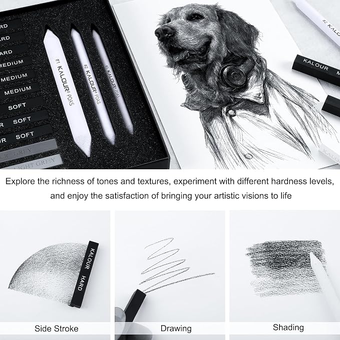 KALOUR 15 Pro Compressed Charcoal Drawing Set with Blending Stumps- Soft,Medium,Hard and White Charcoal - Charcoal Sticks for Drawing Sketching Shading - Art Supplies for Artists Beginners Adults