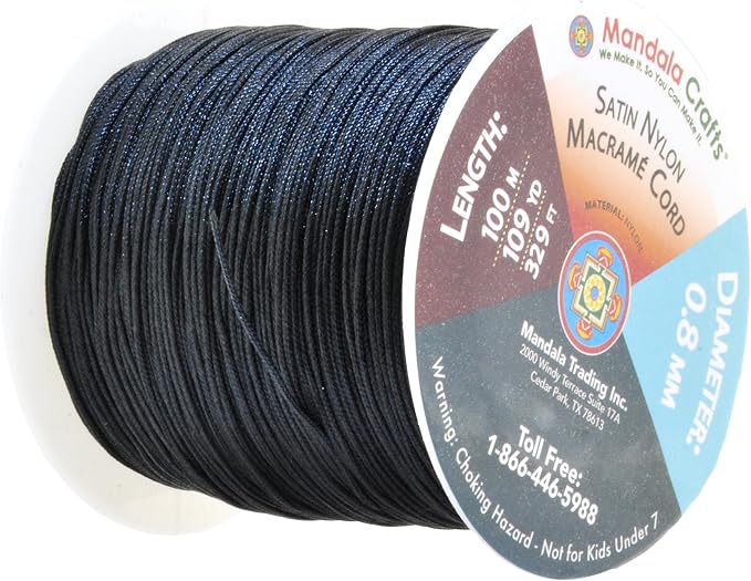 Mandala Crafts 0.8mm Black Rattail Nylon Satin Cord for Jewelry Making