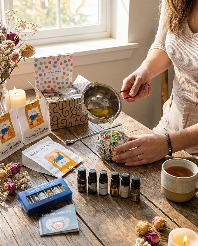KRAFTSTORIES Candle Making Kit for Adults – DIY Candle Making Set with Natural Soy Wax, Wicks, Essential Oils, Dried Flowers & 4 Turkish Mosaic Glass Jars – Handmade Arts & Crafts Complete Gift (4)