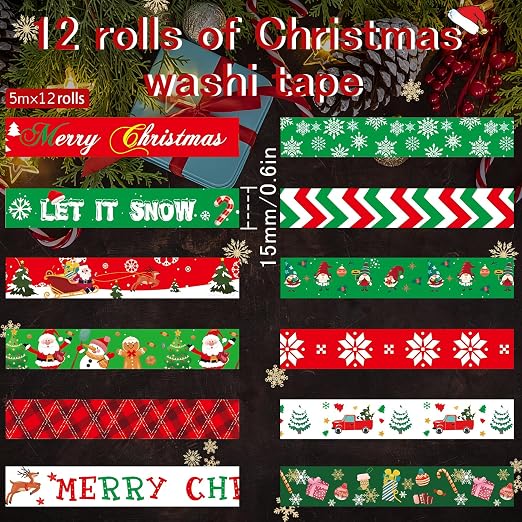 SANNIX 12 Rolls Christmas Washi Tapes 15mm Wide Christmas Tree Snowflakes