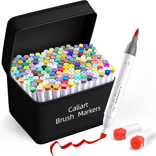 Caliart 168 Colors Alcohol Markers Brush Tip & Chisel, Dual Tip Art Markers | Colored Markers Set with Case for Adults Coloring Book Artists Sketch Illustration, Permanent Pens Art Supplies Drawing Gifts