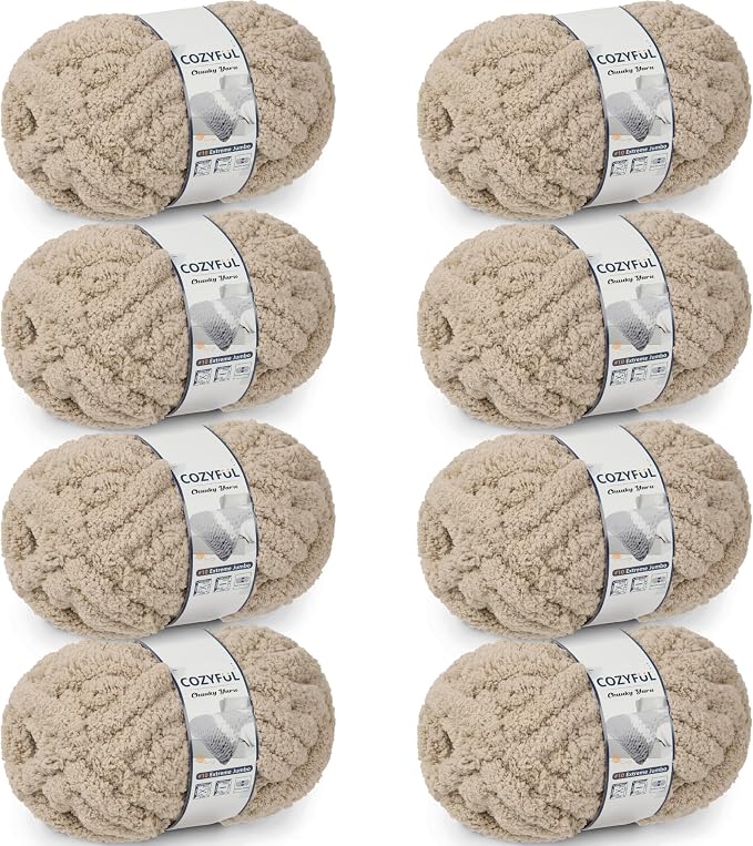 Cozyful Chunky Yarn for Hand Knitting - #10 Chunky Chenille Yarn, Jumbo Big Thick Chunky Yarns for Crocheting, Super Bulky Chunky Knit Blanket Yarns, 8 Skein (22 yds 8 oz Each Skein), Khaki