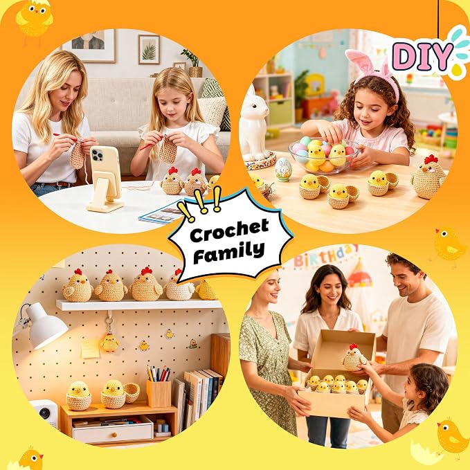 Joyclub Crochet Kit for Beginners 4 Chicken Family with Video for Adults | Amigurumi crochet with video guidance support first projects crochet Starter; a playful DIY gift for adult kitting learners