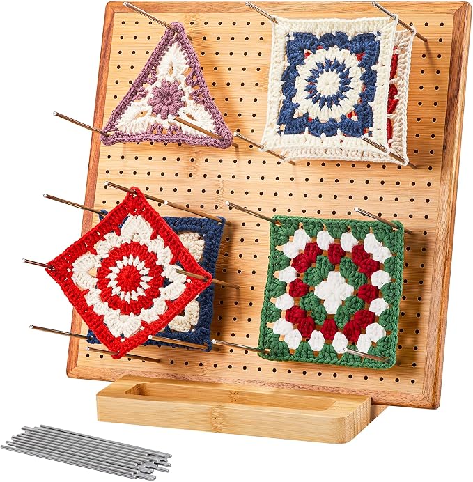 11.8" Crochet Blocking Board & 20 Pins Pegs,Granny Square Blocking Board | For Crochet Projects, Bamboo Blocking Boards for Crocheting and Knitting, Wooden Gifts for Crocheter