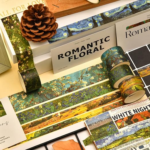 25 Rolls Starry Night Washi Tape Pack Van Gogh Oil Painting Arts Adhesive Tapes Gold Foil Decorative Masking Tape Sets for Craft, Kids, Scrapbook, DIY, Gift Wrapping